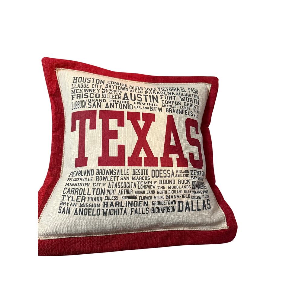 Texas Cities Typography Throw Pillow 18x18 Red & Cream Rustic Farmhouse Decor